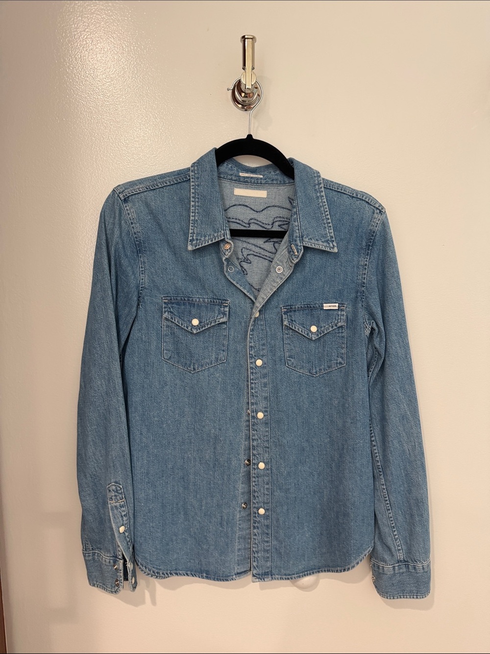 MOTHER Denim Button-Down Western Shirt in Light Blue